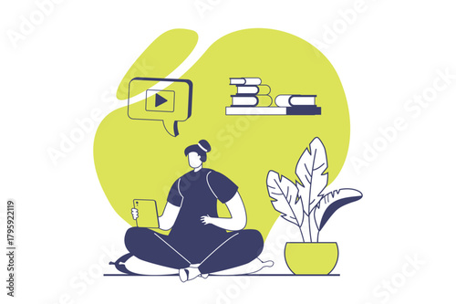 People sit in gadgets web concept with flat people for website design. Woman watching video content at mobile app, spending lot of time online in entertainment and browsing. Vector illustration.