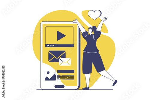 People sit in gadgets web concept with flat people for website design. Woman watching video content, chatting and sending messages at mobile app, spending lot of time online. Vector illustration.