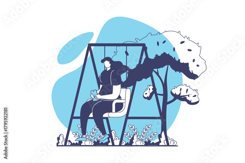 People sit in gadgets web concept with flat people for website design. Woman interacting with mobile phone while sitting at swing in park, addicting to chatting and browsing. Vector illustration.
