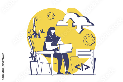 SaaS web concept with flat people for website design. Woman using software as a service, interacting with cloud computing from laptop, backup and sync with online protection. Vector illustration.