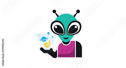 Green alien holding a hologram