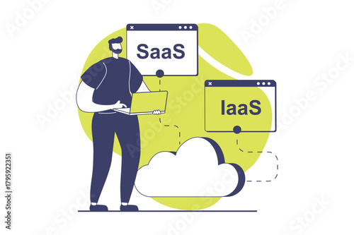 SaaS web concept with flat people for website design. Man using software as a service, doing subscription to cloud storage and data computing platform with online protection. Vector illustration.