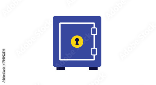 A blue, flat-style safe with a yellow keyhole and white outline