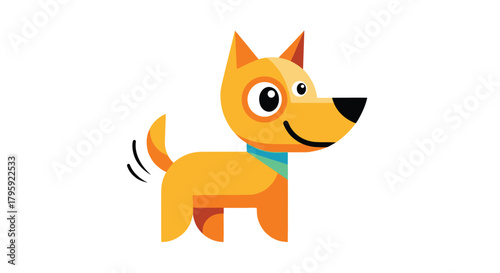 Stylized dog with geometric shapes and a wagging tail, wearing a blue collar