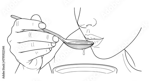 Vector illustration of a person tasting soup with a spoon, black and white, clean outline style, culinary concept, isolated