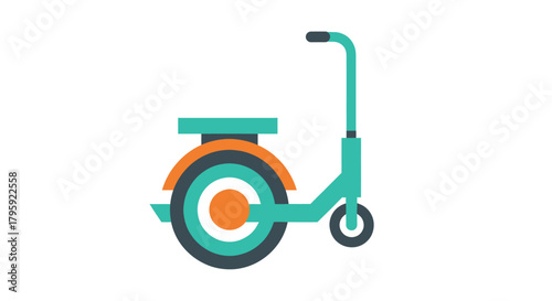 Teal vehicle with seat and two wheels, in a graphic style