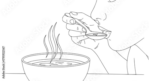 Vector illustration of a person tasting soup with a spoon, black and white, clean outline style, culinary concept, isolated