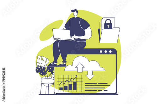 SaaS web concept with flat people for website design. Man using software as a service, interacting with datacenter server, cloud computing, backup and sync with online protection. Vector illustration.