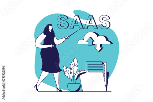 SaaS web concept with flat people for website design. Woman using software as a service, making online backup and sync in cloud storage with automation and data protection. Vector illustration.