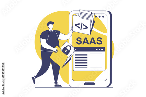 SaaS web concept with flat people for website design. Man using software as a service, interacting with cloud computing from mobile phone app, making online backup and sync. Vector illustration.
