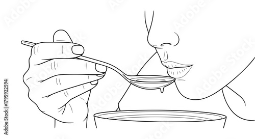 Vector illustration of a person tasting soup with a spoon, black and white, clean outline style, culinary concept, isolated