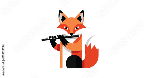Geometric flat-design of a fox playing the flute, rendered in orange, black, white, and gray tones