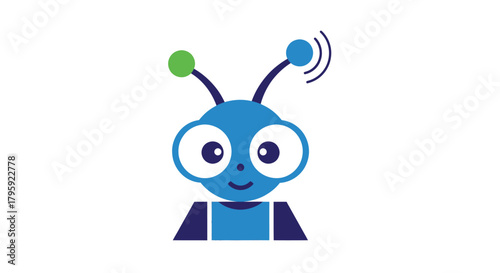 Cartoon robot with blue body, big eyes, antennae, and a smile