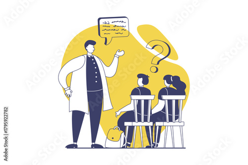 School teachers web concept with flat people for website design. Man works in school, teaching pupils at lessons in classroom, asking questions to schoolboy and schoolgirl. Vector illustration.