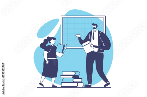 School teachers web concept with flat people for website design. Man works in school, teaching pupil at lessons by blackboard, explaining information from book to schoolgirl. Vector illustration.