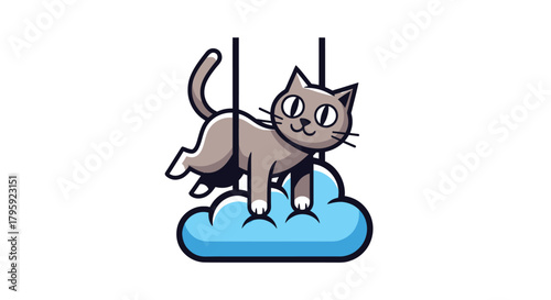 Cartoon cat playfully balances on a blue cloud, suspended by two strings
