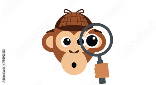 Cartoon chimp wearing detective hat, holding magnifying glass