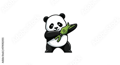 Cartoon panda hugs green bamboo