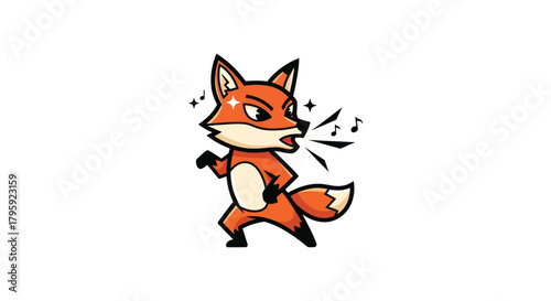 Cartoon fox character shouting, eyes sparkling, with musical notes in the air