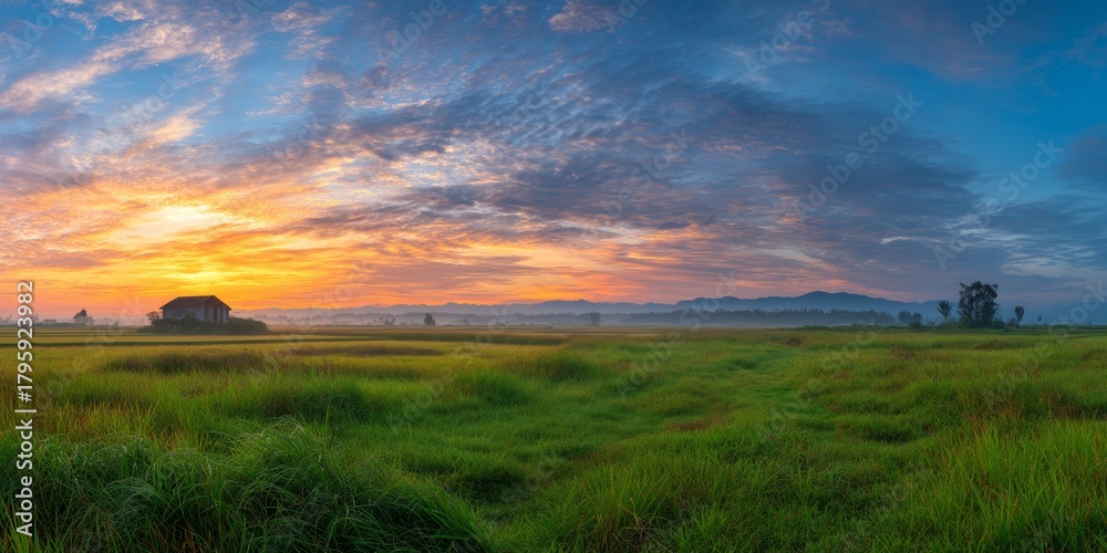 Fototapeta premium Golden Hour Panorama: A sweeping panorama showcases a vibrant sunrise over a tranquil landscape, casting a golden glow across expansive grasslands and distant hills. Witness the dawn of a new day.
