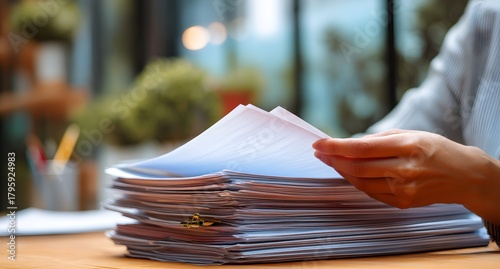 Person is holding a stack of papers on a table. The papers are piled high, and the person appears to be looking at them intently