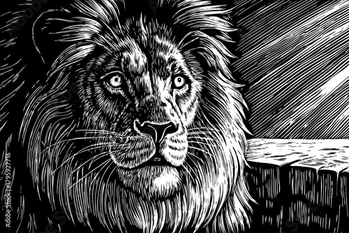 dominant lion locks eyes with the viewer, standing still with tense muscles, creating an intense and powerful connection in dramatic close up perspective