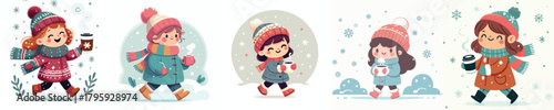 vector of little girl walking carrying warm drink in winter