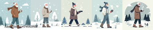 vector of grandfather walking carrying warm drink in winter