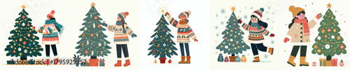 vector woman decorating christmas tree at home