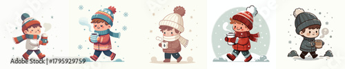 vector of little boy walking carrying warm drink in winter