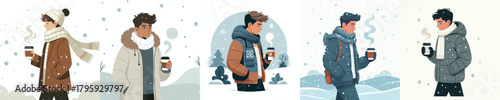 vector half body of man walking carrying warm drink in winter