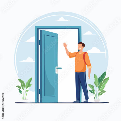 Person waving goodbye at open doorway leaving for new journey