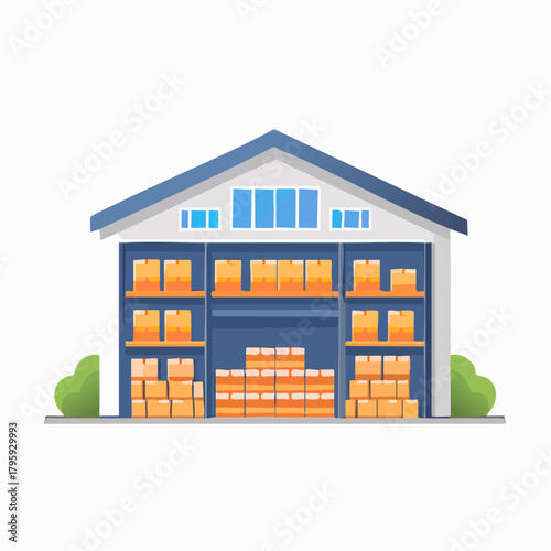 Cartoon warehouse building exterior full of boxes and goods for distribution