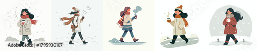 vector of woman walking carrying warm drink in winter