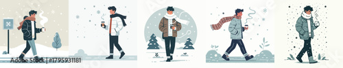 vector of man walking carrying warm drink in winter