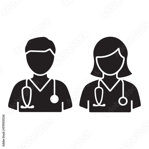 Silhouette icon of male and female doctors with stethoscopes, perfect for healthcare services, clinics, hospital branding, and professional medical designs.