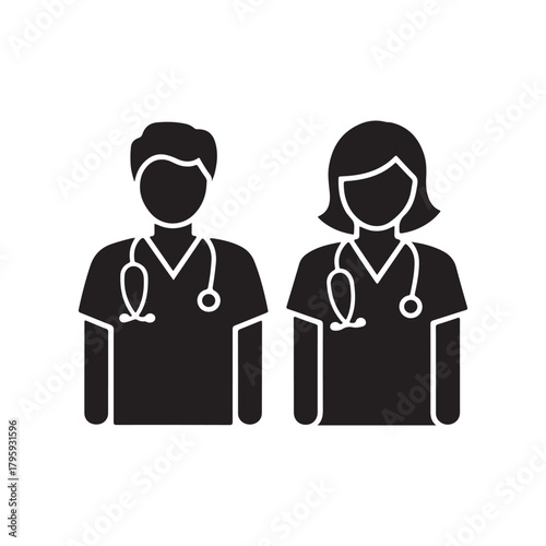 Silhouette icon of male and female doctors with stethoscopes, perfect for healthcare services, clinics, hospital branding, and professional medical designs.