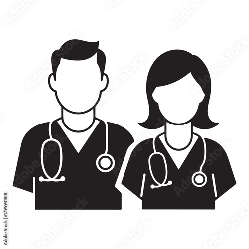 Silhouette icon of male and female doctors with stethoscopes, perfect for healthcare services, clinics, hospital branding, and professional medical designs.
