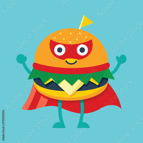 A cheerful cartoon hamburger character dressed as a superhero with a red cape and mask standing proudly against a bright blue background