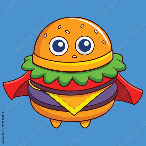 Cute cartoon superhero hamburger character with big blue eyes wearing a red cape and looking heroic against a bright blue background