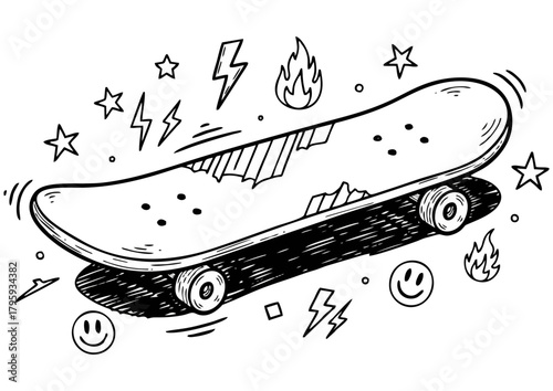 Black silhouette of a skateboard on white background for skateboarding and sports concept
