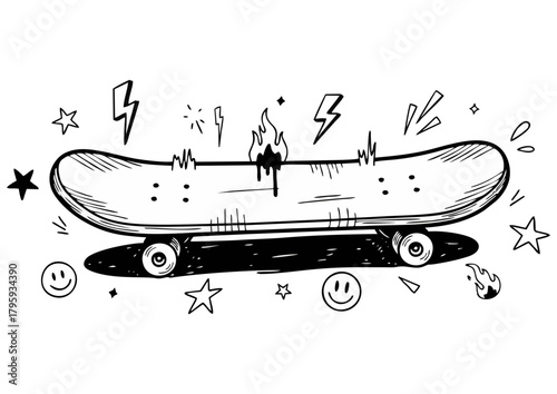 Black silhouette of a skateboard on white background for skateboarding and sports concept
