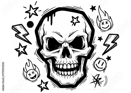 Colorful skull illustration with psychedelic elements and abstract shapes on a black background