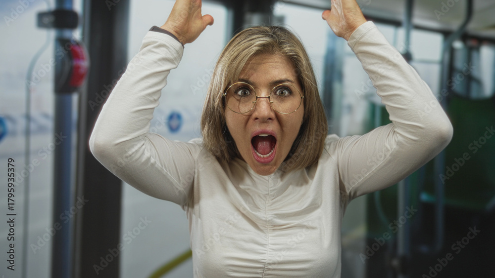 Obraz premium Woman in white shirt and glasses opens mouth and raises arms inside crowded city bus during commute near window seat; surprise reaction.