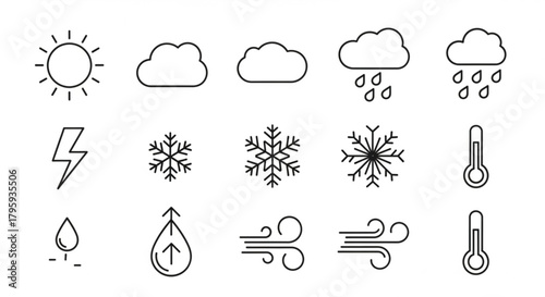 Weather forecast icons set featuring sun, clouds, rain, snow, lightning, wind, and temperatures signs created with generated ai
