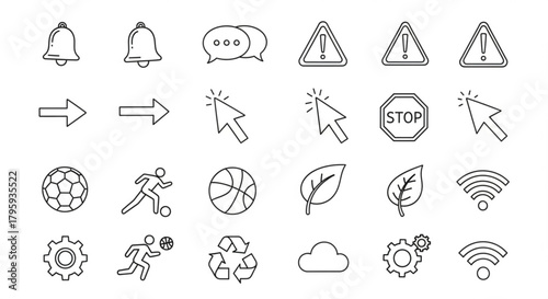 Illustration of various outline icons including sports, alerts, arrows, and environmental symbols here created with generated ai