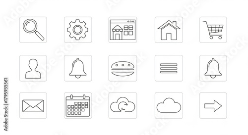 Collection of various outline style icons including search, settings, home, and shopping cart created with generated ai