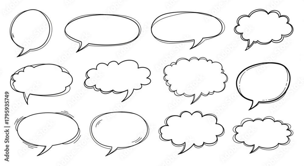 Fototapeta premium Collection of twelve hand drawn speech bubbles with various shapes and sizes in black and white color created with generated ai