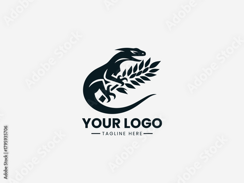 lizard or komodo biting a wheat stalk in bold black vector logo illustration