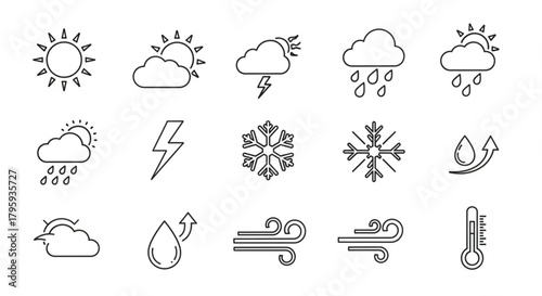 Collection of weather icons including sun cloud rain snow wind lightning and thermometer symbols created with generated ai